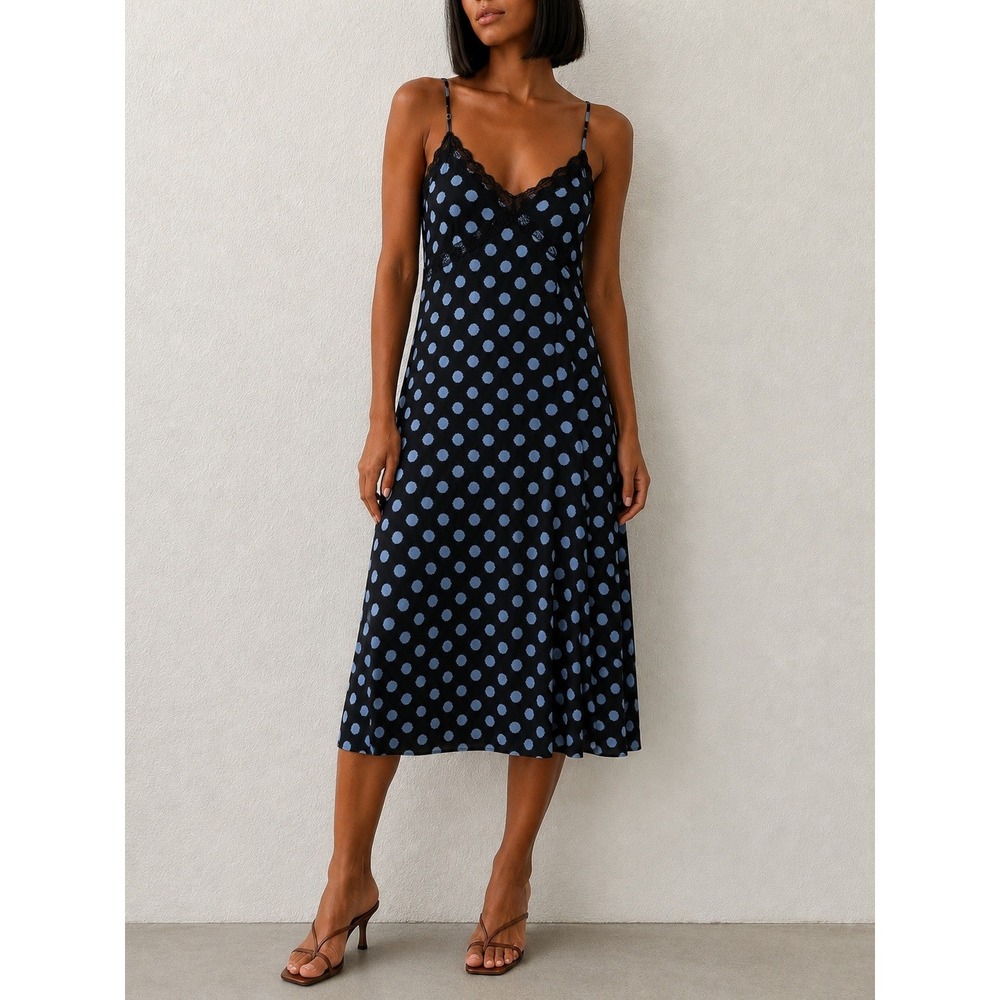 Forever 21 Y2K Polka Dot Slip Midi Dress Lace Trim Spaghetti Strap Large